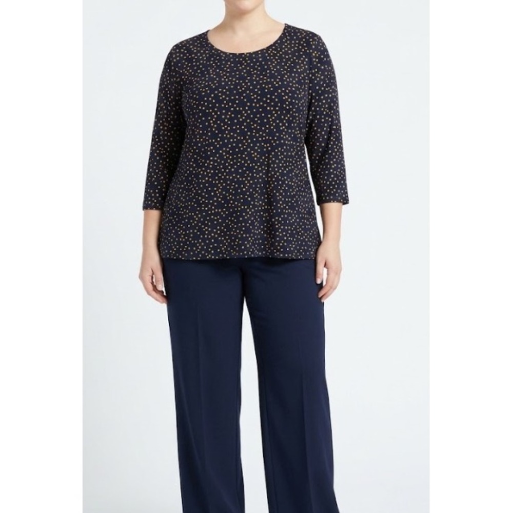 New Anne Klein Polka Dot Top Large Navy Yellow 3/4 Sleeve Blouse Knit Stretch